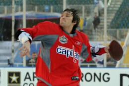 <p>Ovechkin airs it out before the 2011 Winter Classic at Pittsburgh&#8217;s Heinz Field in December 2010.</p>
