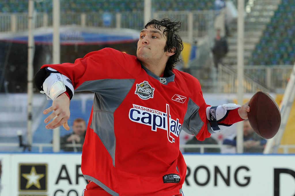 <p>Ovechkin airs it out before the 2011 Winter Classic at Pittsburgh&#8217;s Heinz Field in December 2010.</p>
