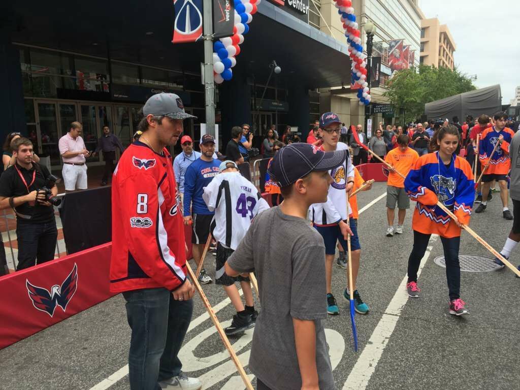 <p>Outside Capital One Arena, Ovechkin ducked out of practice to visit with players from the American Special Hockey Association in September 2017.</p>

