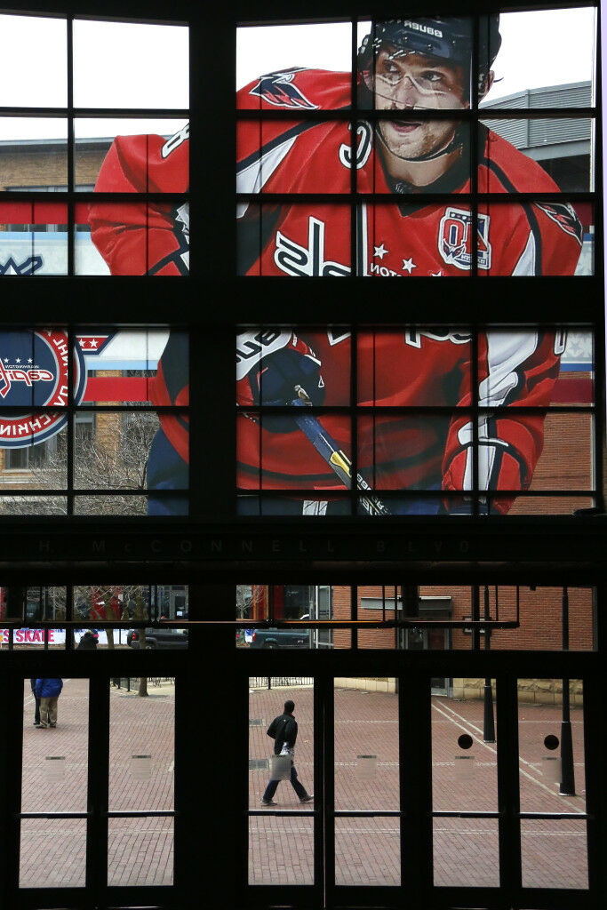 <p>A large photo of Ovechkin adorns Nationwide Arena during the 2015 NHL All-Star weekend in Columbus, Ohio.</p>
