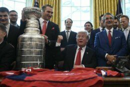 <p>President Donald Trump visits with Ovechkin and the rest of the 2018 Stanley Cup Champions on March 25, 2019, in the Oval Office.</p>
