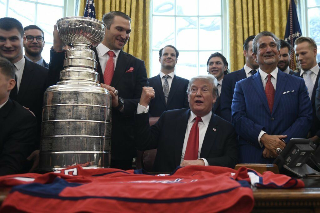 <p>President Donald Trump visits with Ovechkin and the rest of the 2018 Stanley Cup Champions on March 25, 2019, in the Oval Office.</p>
