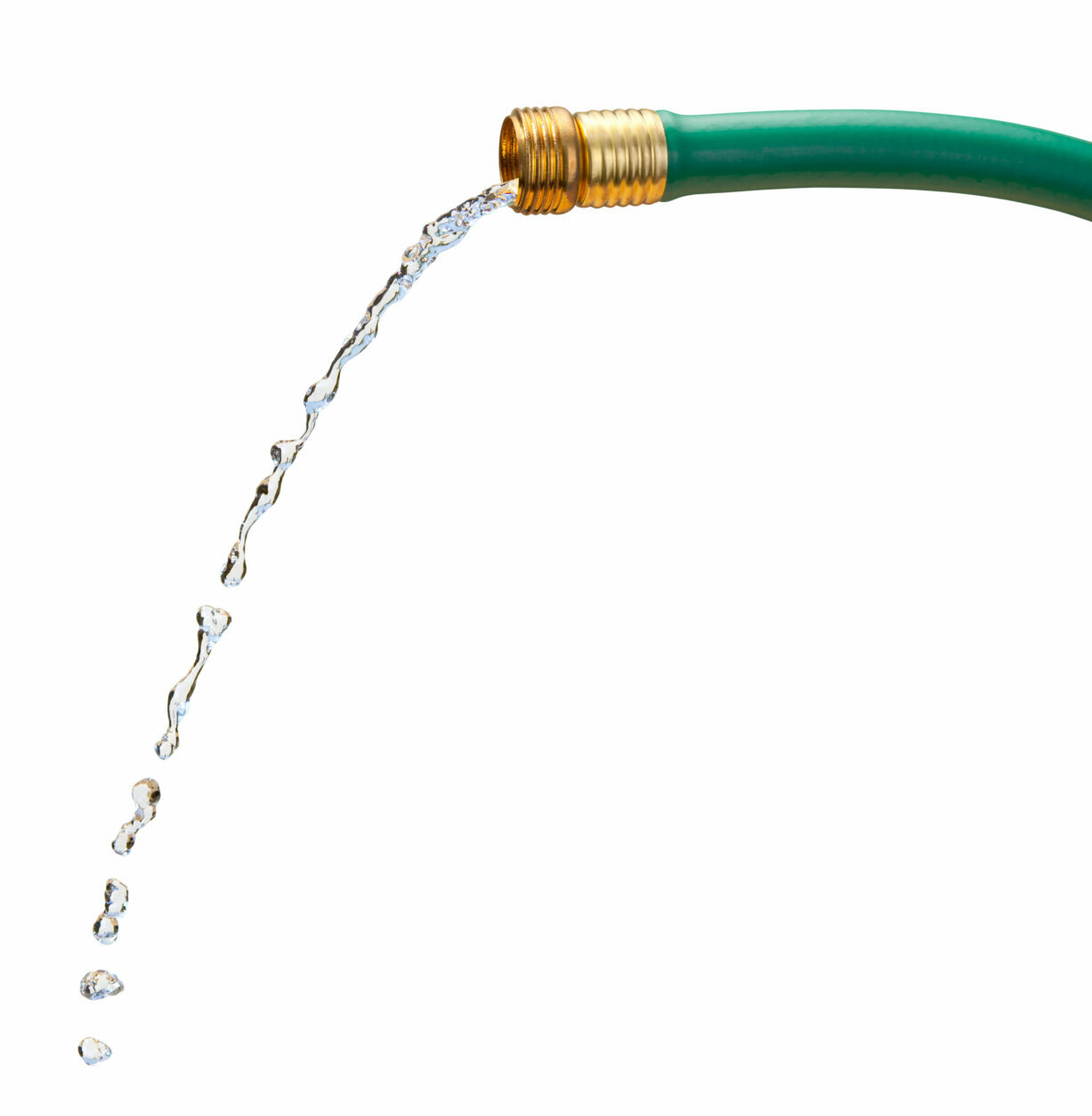 Green rubber hose with a brass nozzle.  Water is pouring from the nozzle.  That image is isolated on a white background and includes a clipping path.  The image is shown from the side, and the water is spilling out turning into drops.