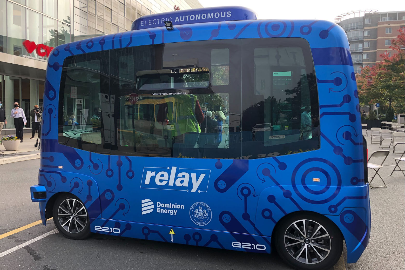 The autonomous electric shuttle "Relay" will carry passengers on a loop between the Dunn Loring Metro station to the popular shopping and living community in Merrifield, just outside the Capital Beltway. (WTOP/Nick Iannelli)