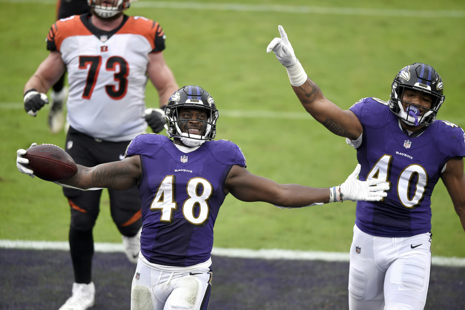 <p><b><i>Bengals 3</i></b><br />
<b><i>Ravens 27</i></b></p>
<p>Though the focus was on <a href="https://twitter.com/ESPNStatsInfo/status/1315321261183164416?s=20">the historic meeting between young QBs</a>, Baltimore&#8217;s defense finally realized its potential with seven sacks of Joe Burrow and extended their streak to 18 straight games with a takeaway. The Ravens D will need more games like this to repeat as champions of the suddenly-competitive AFC North.</p>
