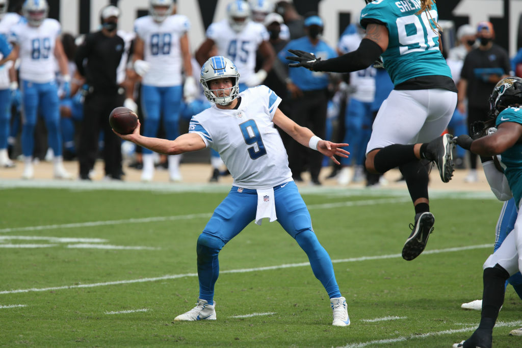 <p><b><i>Lions 34</i></b><br />
<b><i>Jaguars 16</i></b></p>
<p>Matthew Stafford — who, quiet as it&#8217;s kept, <a href="https://twitter.com/thecheckdown/status/1317885567875469312?s=20">has a little Mahomes in him</a> — now has a TD pass against every NFL team outside of Detroit. But don&#8217;t get it twisted: The Lions still owe Jim Caldwell an apology.</p>
