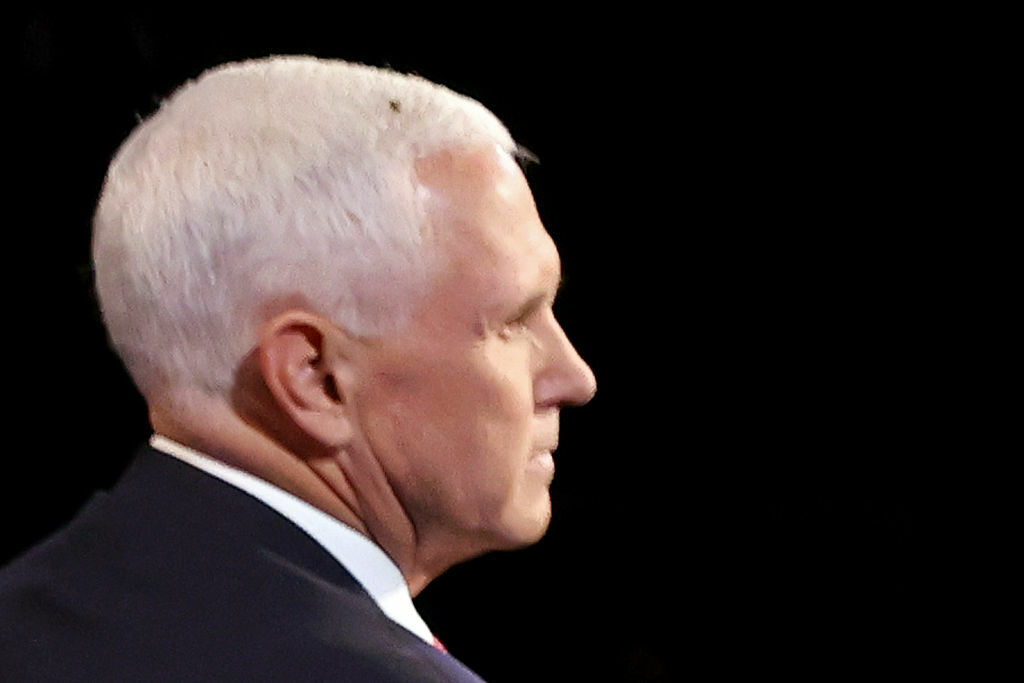 SALT LAKE CITY, UTAH - OCTOBER 07:  A fly briefly lands on head of U.S. Vice President Mike Pence during in the vice presidential debate against Democratic vice presidential nominee Sen. Kamala Harris (D-CA) at the University of Utah on October 7, 2020 in Salt Lake City, Utah. The vice presidential candidates only meet once to debate before the general election on November 3.   (Photo by Justin Sullivan/Getty Images)