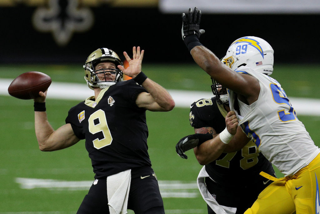 <p><b><i>Chargers 27</i></b><br />
<b><i>Saints 30 (OT)</i></b></p>
<p>Drew Brees had a mediocre performance in his farewell to the franchise that drafted him but it ended with his NFL-record 13th overtime victory as a starting quarterback. The Chargers can change their uniforms, the city in which they play, the coach and quarterback (though <a href="https://twitter.com/ESPNStatsInfo/status/1315850612731457536?s=20">he&#8217;s really good</a>) &#8212; but their late-game failures will still be their hallmark.</p>
