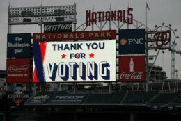 WASHINGTON, DC - OCTOBER 27:  A "Thank You For Voting" sign is on display at an early voting center at Nationals Park October 27, 2020 in Washington, DC. Early voting for the 2020 general election starts today in Washington, DC at 32 polling locations across the city and runs through November 2.  (Photo by Alex Wong/Getty Images)