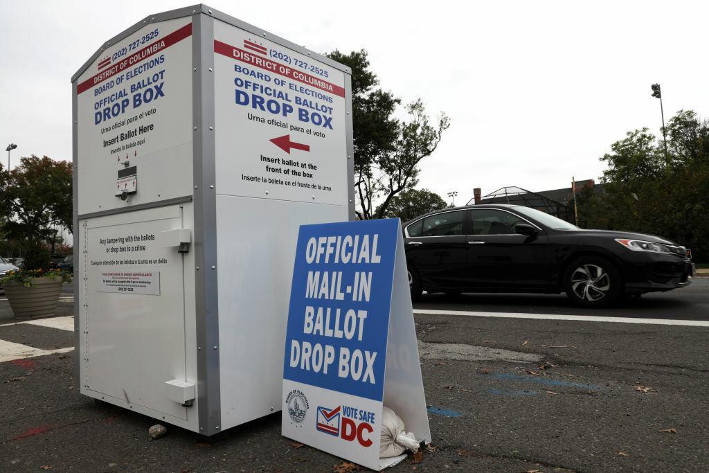 WASHINGTON, DC - OCTOBER 27:  A ballot drop box for early voting ballot is positioned outside Union Market October 27, 2020 in Washington, DC. Early in-person voting for the 2020 general election starts today in Washington, DC, at 32 polling locations across the city through November 2.  (Photo by Alex Wong/Getty Images)