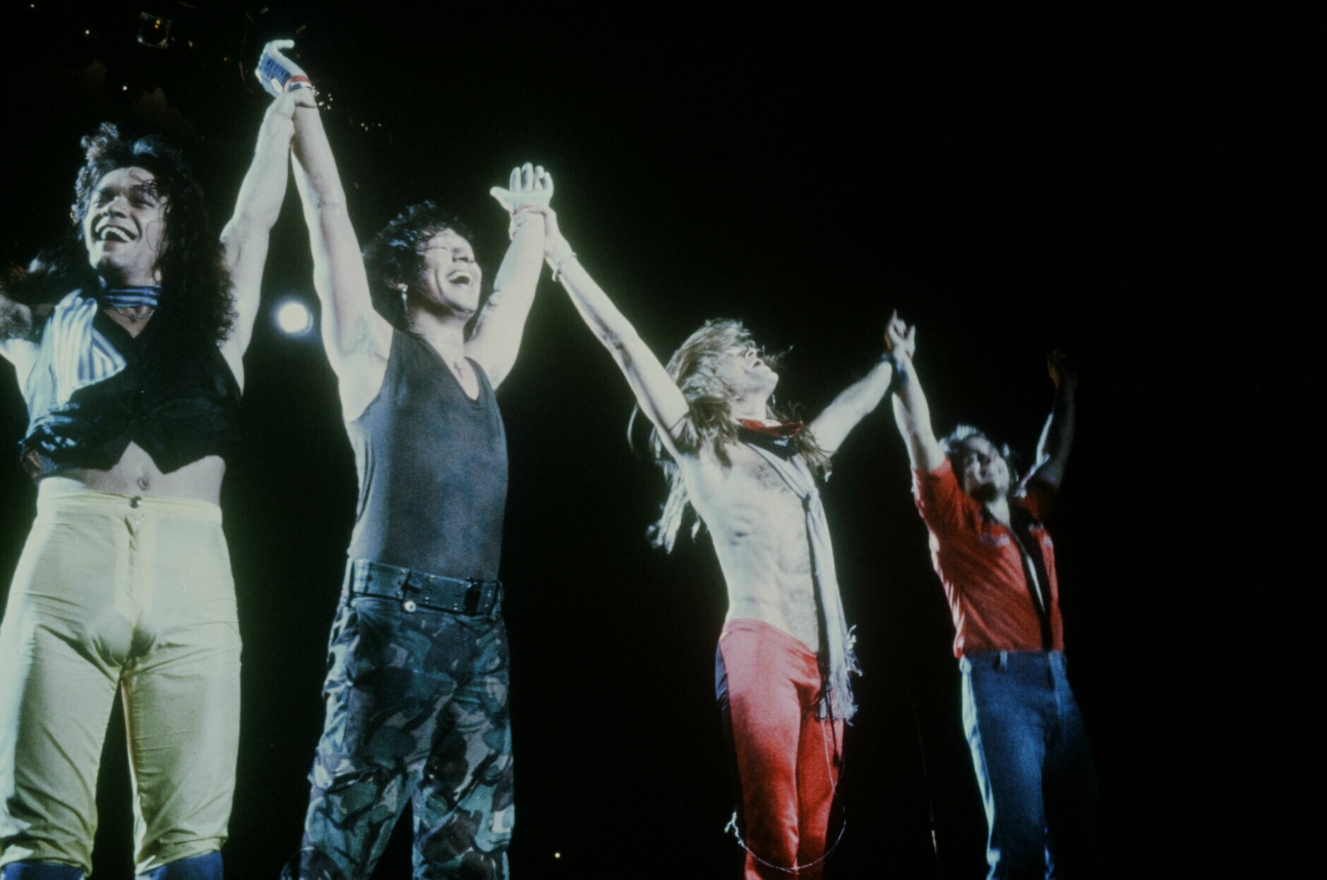 (MANDATORY CREDIT Koh Hasebe/Shinko Music/Getty Images) Van Halen live at Nippon Budokan, making greetings after the show, Tokyo, September 1979. (Photo by Koh Hasebe/Shinko Music/Getty Images)