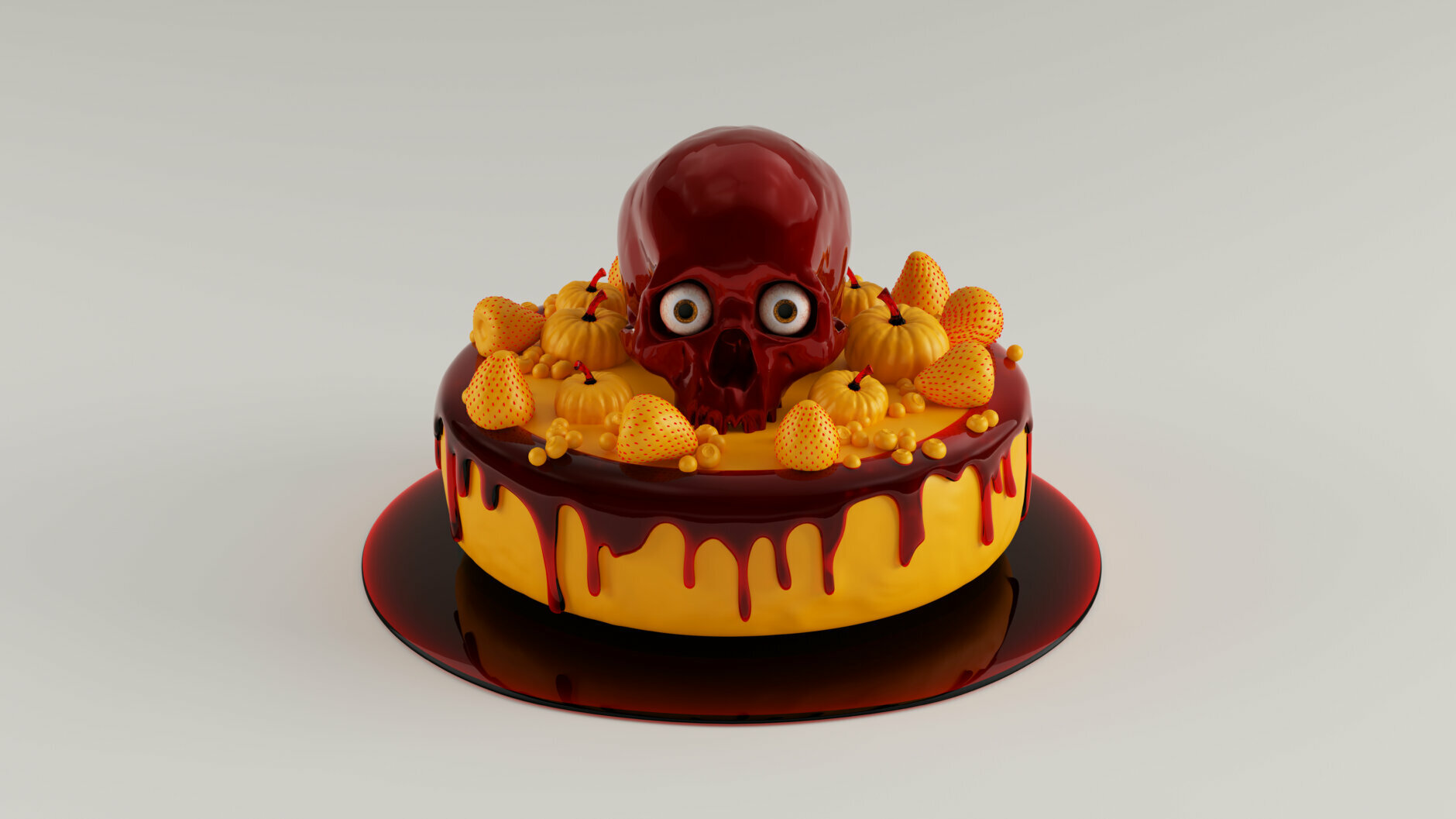 Big and Orange Pumpkin an Strawberry Luxury Halloween Cake with Strawberry Blood Icing and Skull 3d illustration 3d render