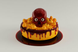 Big and Orange Pumpkin an Strawberry Luxury Halloween Cake with Strawberry Blood Icing and Skull 3d illustration 3d render