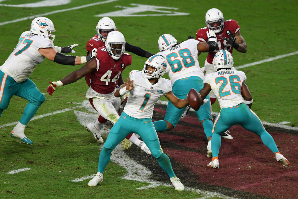 <p><b><i>Dolphins 34</i></b><br />
<b><i>Cardinals 31</i></b></p>
<p>I sincerely hope this is a future Super Bowl matchup. Kyler Murray notched <a href="https://profootballtalk.nbcsports.com/2020/11/08/with-106-rushing-yards-kyler-murray-has-first-career-double-triple/">his first double triple</a> in a near-perfect passing performance, and Tua Tagovailoa was outstanding in a huge road win that matches their 2019 win total midway through 2020. If Miami stays on course for a playoff berth, Tua will have <a href="https://profootballtalk.nbcsports.com/2020/11/06/whatever-the-label-dolphins-must-evaluate-tua-tagovailoa/">passed his test</a> with flying colors and the Dolphins can finally build around a true franchise quarterback.</p>
