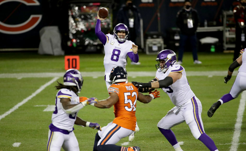 <p><b><i>Vikings 19</i></b><br />
<b><i>Bears 13</i></b></p>
<p>It took him 10 tries but Kirk Cousins finally won a game on a Monday night!</p>
<p>The longest MNF losing streak in NFL history is over, and Minnesota&#8217;s season is reborn thanks to three straight wins heading into a stretch of three straight home games against teams with losing records. Incredibly, it looks like the Vikings can <a href="https://youtu.be/RqG8XzjvlVw" target="_blank" rel="noopener">sound the feasting horn</a> and make a postseason march despite their 1-5 start.</p>
<p>Conversely, Chicago&#8217;s fraudulent 5-1 start is a distant memory. Nobody wants to see Nick Foles carted off the field at the end of a lost game, but it seems like the only way Matt Nagy will do what is obvious to everyone but him: start Mitchell Trubisky and try to breathe some life into this bearskin rug you call an offense.</p>
