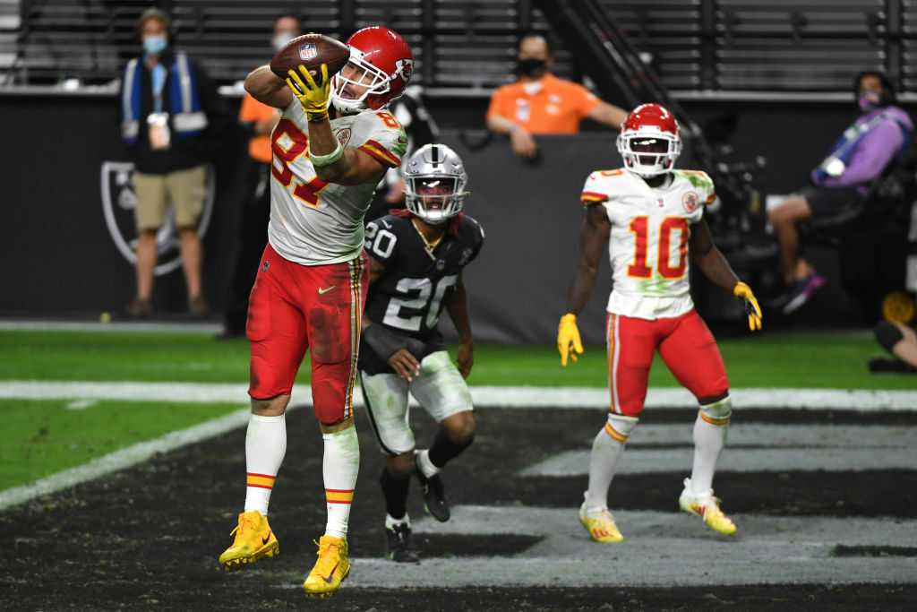 <p><b><i>Chiefs 35</i></b><br />
<b><i>Raiders 31</i></b></p>
<p>No victory lap for Gruden&#8217;s Grinders this week.</p>
<p>You&#8217;d think this would have happened before now, but Patrick Mahomes threw his first go-ahead touchdown pass in the final two minutes of regulation to avoid a sweep at the hands of the hated Raiders — a game that was much closer than you&#8217;d expect given <a href="https://profootballtalk.nbcsports.com/2020/11/18/most-of-raiders-starting-defense-to-go-on-covid-19-reserve-after-close-contacts/">the state of the Vegas defense</a> and <a href="https://profootballtalk.nbcsports.com/2020/11/22/clark-hunt-you-do-the-victory-lap-in-tampa/">Kansas City&#8217;s added motivation</a>. But Andy Reid still improves to a dominant 19-3 coming off a bye week (incidentally, this is three straight years they&#8217;ve beaten the Raiders after their bye), and Las Vegas still looks like a legit playoff contender.</p>
