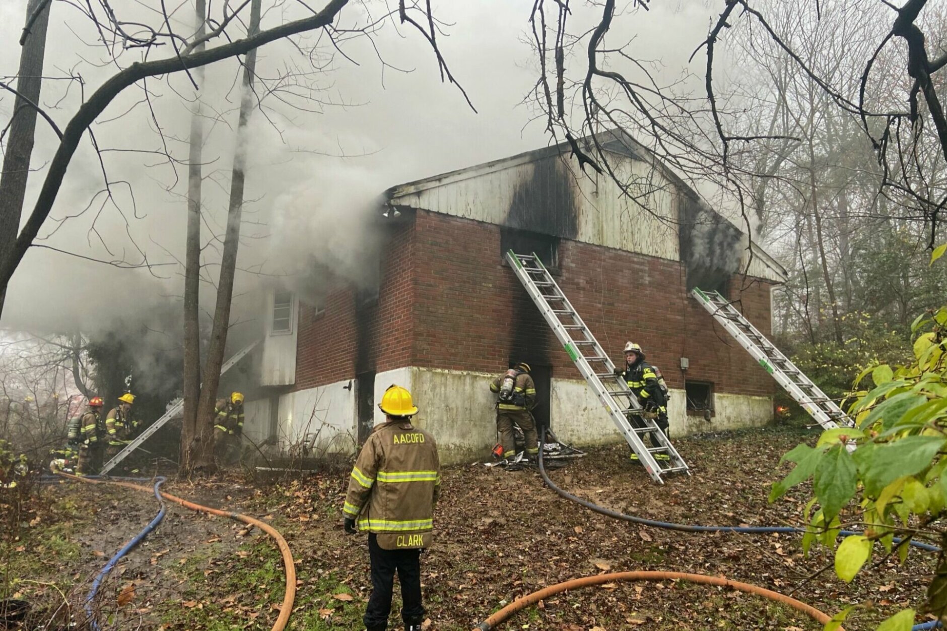 Prince George's Co. firefighters battle a fire on Bond Mill Road in West Laurel on Monday morning. (Courtesy PGFD/Sarah Porter)