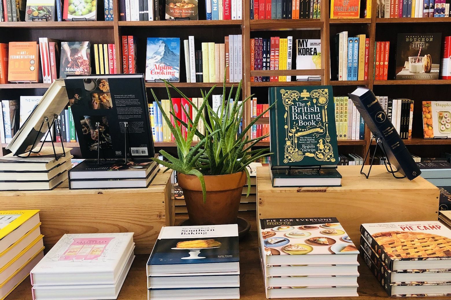 Display of international cookbooks at Bold Forks Books Washington DC