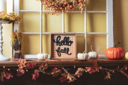 Autumn decor - Hello Fall on the fireplace mantel