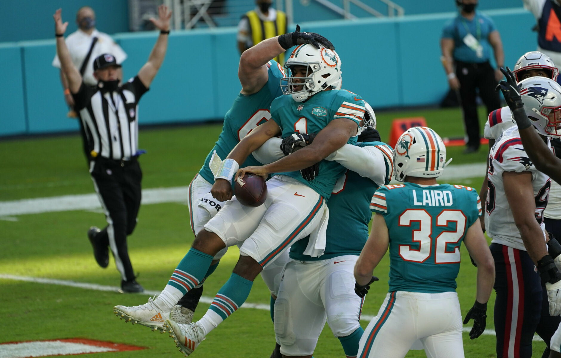 <p><b><i>Patriots 12</i></b><br />
<b><i>Dolphins 22</i></b></p>
<p>My, how far the mighty have fallen.</p>
<p>New England&#8217;s 12-year playoff streak, 12 straight wins against rookie QBs and 19 consecutive winning seasons were simultaneously snapped in a miserable day in Miami. The AFC East belongs to the Bills and Dolphins now, and it&#8217;s hard not to feel like it&#8217;s going to be that way for a good, long while.</p>
<p>And give it up for Salvon Ahmed, who <a href="https://profootballtalk.nbcsports.com/2020/12/20/salvon-ahmed-had-a-big-game-for-his-grandmother/">called his shot for his sick grandmother</a> and ended Miami&#8217;s 31-game drought without a 100-yard rusher. Something special is brewing on South Beach.</p>
