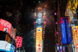 NEW YORK, NY - JANUARY 1: The New Year's Eve ball drops in a mostly empty Times Square on January 1, 2021, in New York City. On average, about one million revelers are drawn to the Crossroads of the World to watch performances and celebrate the New Year. This year a limited live audience of about 40 first responders and essential workers were allowed to watch the New Years' ball drop from a secure area in Times Square. (Photo by David Dee Delgado/Getty Images)