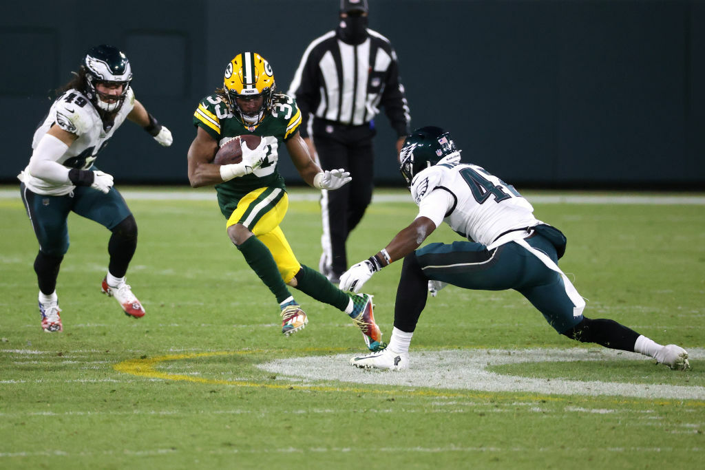 <p><b><i>Eagles 16</i></b><br />
<b><i>Packers 30</i></b></p>
<p>As if <a href="https://profootballtalk.nbcsports.com/2020/12/01/carson-wentz-posting-historic-drop-in-passer-rating/">his glaring yearlong decline</a> didn&#8217;t warrant this move sooner, Carson Wentz finally got benched for Jalen Hurts, and Philly&#8217;s offense showed some signs of life for the first time in recent memory. The fact that one offensive touchdown counts as signs of life for an awful unit that <a href="https://profootballtalk.nbcsports.com/2020/12/01/carson-wentz-taking-sacks-like-no-one-since-david-carr/">calls to mind the days of David Carr</a> says all you need to know about the Eagles offense.</p>
<p>Meanwhile, Green Bay&#8217;s offense looks unstoppable with Aaron Rodgers — fastest QB to 400 career touchdown passes — dropping dimes and Aaron Jones running circles (<a href="https://twitter.com/NFL/status/1335739161974693890?s=20">almost literally</a>) around defenders. The latter has yet to get 20 carries in a game this season, and the Packers should probably give him more totes down the stretch.</p>
