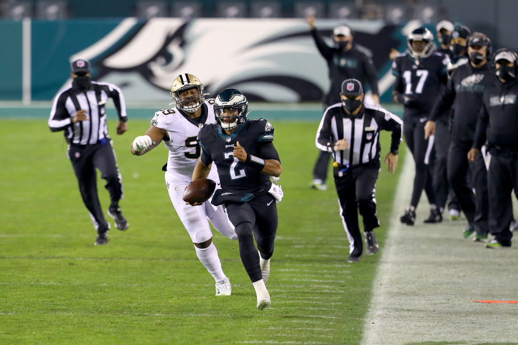 <p><b><i>Saints 21</i></b><br />
<b><i>Eagles 24</i></b></p>
<p>Philadelphia head coach Doug Pederson certainly <a href="https://profootballtalk.nbcsports.com/2020/12/13/doug-pederson-we-got-the-spark-i-was-looking-for/" target="_blank" rel="noopener">got the spark he was looking for</a>.</p>
<p>Jalen Hurts registered <a href="https://profootballtalk.nbcsports.com/2020/12/14/jalen-hurts-had-a-double-triple-in-his-first-career-start/" target="_blank" rel="noopener">a double-triple</a> in his first NFL start to lead Philly to the upset victory of the week and keep the Eagles in the mix for the NFC East title. <a href="https://twitter.com/NFL_Memes/status/1338256124211027973?s=20" target="_blank" rel="noopener">He&#8217;s the captain now</a>.</p>
<p>This was such a bad look for New Orleans. Philly&#8217;s middle-of-the-road rushing attack had not one, but two 100-yard rushers against a Saints defense that had a streak of 55 straight games without allowing a 100-yard rusher, thus ending New Orleans&#8217; nine-game win streak that put them atop the NFC. The defensive letdown was especially disappointing considering this Taysom Hill project is clearly a bust.</p>
