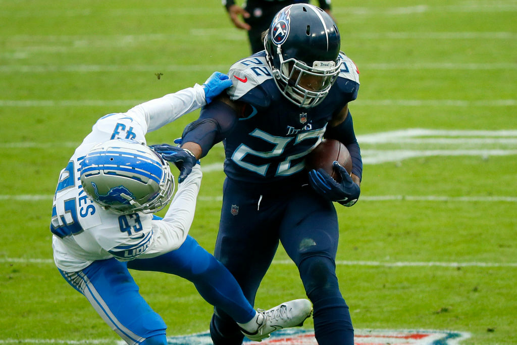 <p><em><strong>Lions 25</strong></em><br />
<em><strong>Titans 46</strong></em></p>
<p>Derrick Henry needs only 321 yards against bad rush defenses in Green Bay and Houston to lock up a 2,000-yard season? Go ahead and pencil that in along with the therapy Alexander Myers will need after <a href="https://twitter.com/BleacherReport/status/1340731565064806400?s=20" target="_blank" rel="noopener">getting stiff armed into oblivion</a>.</p>
