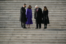Vice President Kamala Harris and her husband Doug Emhoffl, left, speak with former Vice President Mike Pence and his wife Karen Pence as they depart the Capitol after the Inauguration of President Joe Biden ceremony on the East Front of the Capitol at the conclusion of the inauguration ceremonies, in Washington, Wednesday, Jan. 20, 2021. (AP Photo/J. Scott Applewhite)