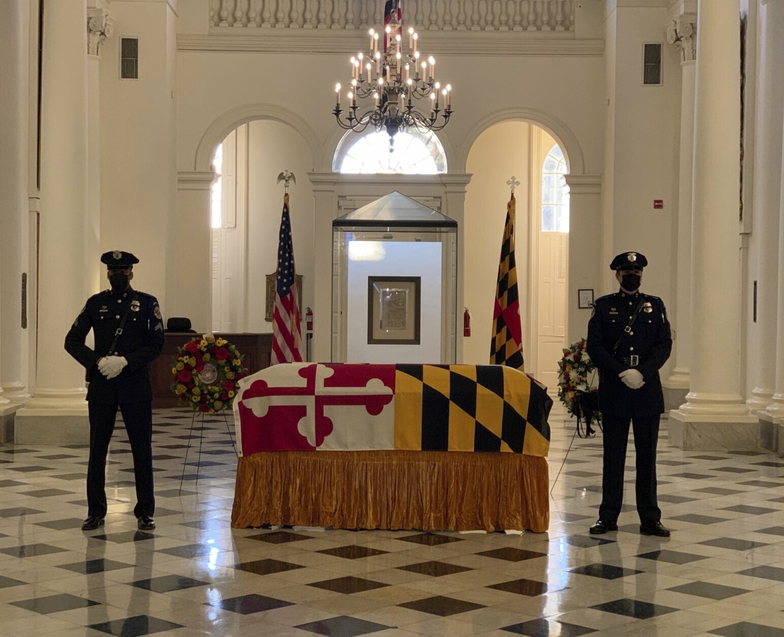 Maryland Senate President Emeritus Thomas V. Mike Miller, Jr. lies in state at the Maryland Statehouse in Annapolis, Md., on Friday, Jan. 22, 2021.  Miller was a state legislator for 50 years. A Democrat, he served as president of the Maryland Senate for 33 years. He announced he was stepping down from the post in 2019, but he remained a senator until December. (Bill O'Leary/The Washington Post via AP, Pool)