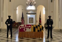 Maryland Senate President Emeritus Thomas V. Mike Miller, Jr. lies in state at the Maryland Statehouse in Annapolis, Md., on Friday, Jan. 22, 2021.  Miller was a state legislator for 50 years. A Democrat, he served as president of the Maryland Senate for 33 years. He announced he was stepping down from the post in 2019, but he remained a senator until December. (Bill O'Leary/The Washington Post via AP, Pool)