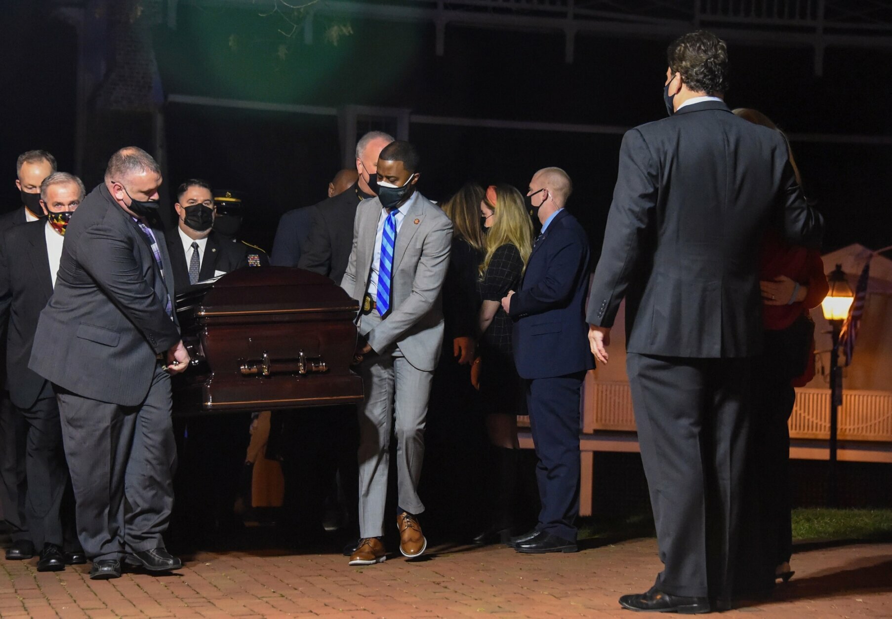 Former Maryland Senate President Thomas V. "Mike" Miller, who died following complications from cancer last week, is transported into the Maryland State House for a final viewing, Thursday, Jan. 21, 2021. (Ulysses Muñoz/The Baltimore Sun via AP)