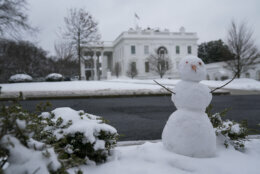 A snowman sits on the grounds of the White House, Monday, Feb. 1, 2021, in Washington. (AP Photo/Evan Vucci)