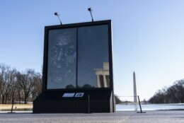 The installation "Vice President Kamala Harris Glass Ceiling Breaker" is seen at the Lincoln Memorial in Washington, Wednesday, Feb. 4, 2021. Vice President Kamala Harris' barrier-breaking career has been memorialized in a portrait depicting her face emerging from the cracks in a massive sheet of glass. Using a photo of Harris that taken by photographer Celeste Sloman, artist Simon Berger lightly hammered on the slab of laminated glass to create the portrait of Harris. The Washington Monument is seen in the distance and the Lincoln Memorial is reflected. (AP Photo/Carolyn Kaster)