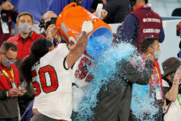 TAMPA, FLORIDA - FEBRUARY 07: Head coach Bruce Arians of the Tampa Bay Buccaneers has Gatorade dumped on him after winning Super Bowl LV against the Kansas City Chiefs at Raymond James Stadium on February 07, 2021 in Tampa, Florida. The Buccaneers defeated the Chiefs 31-9. (Photo by Kevin C. Cox/Getty Images)