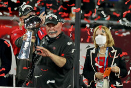 TAMPA, FLORIDA - FEBRUARY 07: Head coach Bruce Arians of the Tampa Bay Buccaneers speaks wfter winning Super Bowl LV at Raymond James Stadium on February 07, 2021 in Tampa, Florida. The Buccaneers defeated the Chiefs 31-9. (Photo by Kevin C. Cox/Getty Images)