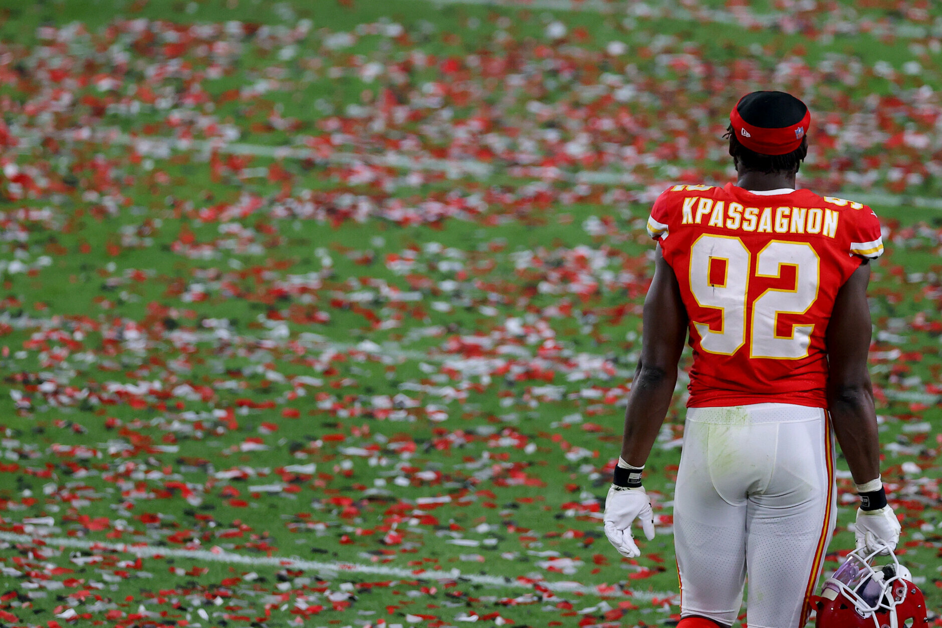 TAMPA, FLORIDA - FEBRUARY 07: Tanoh Kpassagnon #92 of the Kansas City Chiefs walks off the field following the loss to the Tampa Bay Buccaneers in Super Bowl LV at Raymond James Stadium on February 07, 2021 in Tampa, Florida. (Photo by Kevin C. Cox/Getty Images)