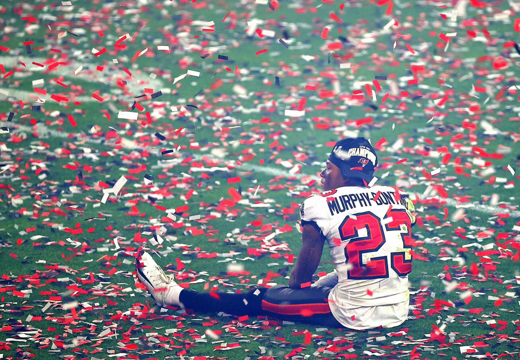 TAMPA, FLORIDA - FEBRUARY 07: Sean Murphy-Bunting #23 of the Tampa Bay Buccaneers looks on after winning Super Bowl LV at Raymond James Stadium on February 07, 2021 in Tampa, Florida. (Photo by Kevin C. Cox/Getty Images)