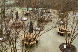 Patches of snow in courtyard.