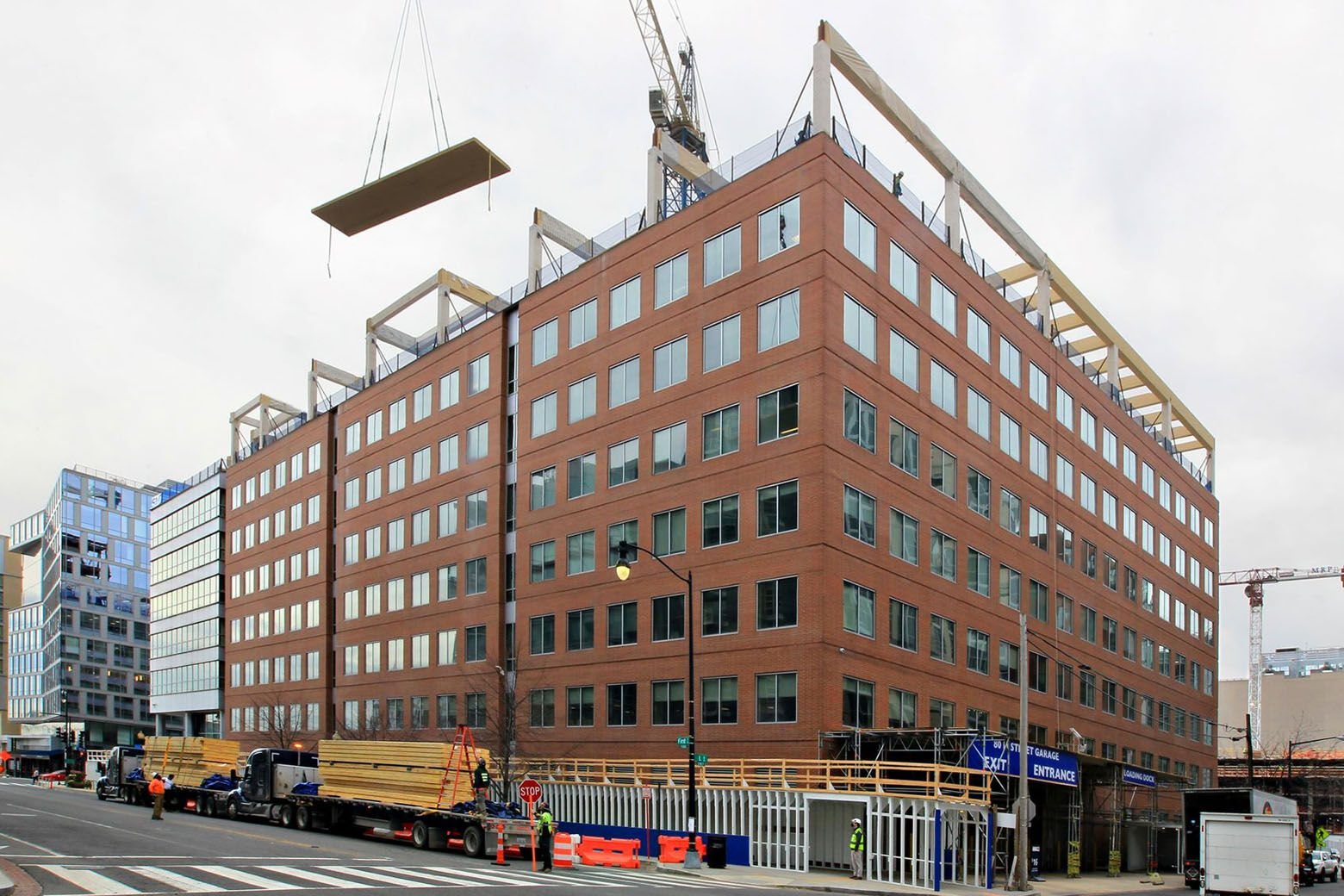 Construction underway on the timber-topped addition to the office building at 80 M Street SE. (Courtesy Maurice Harrington, Sisson Studios)