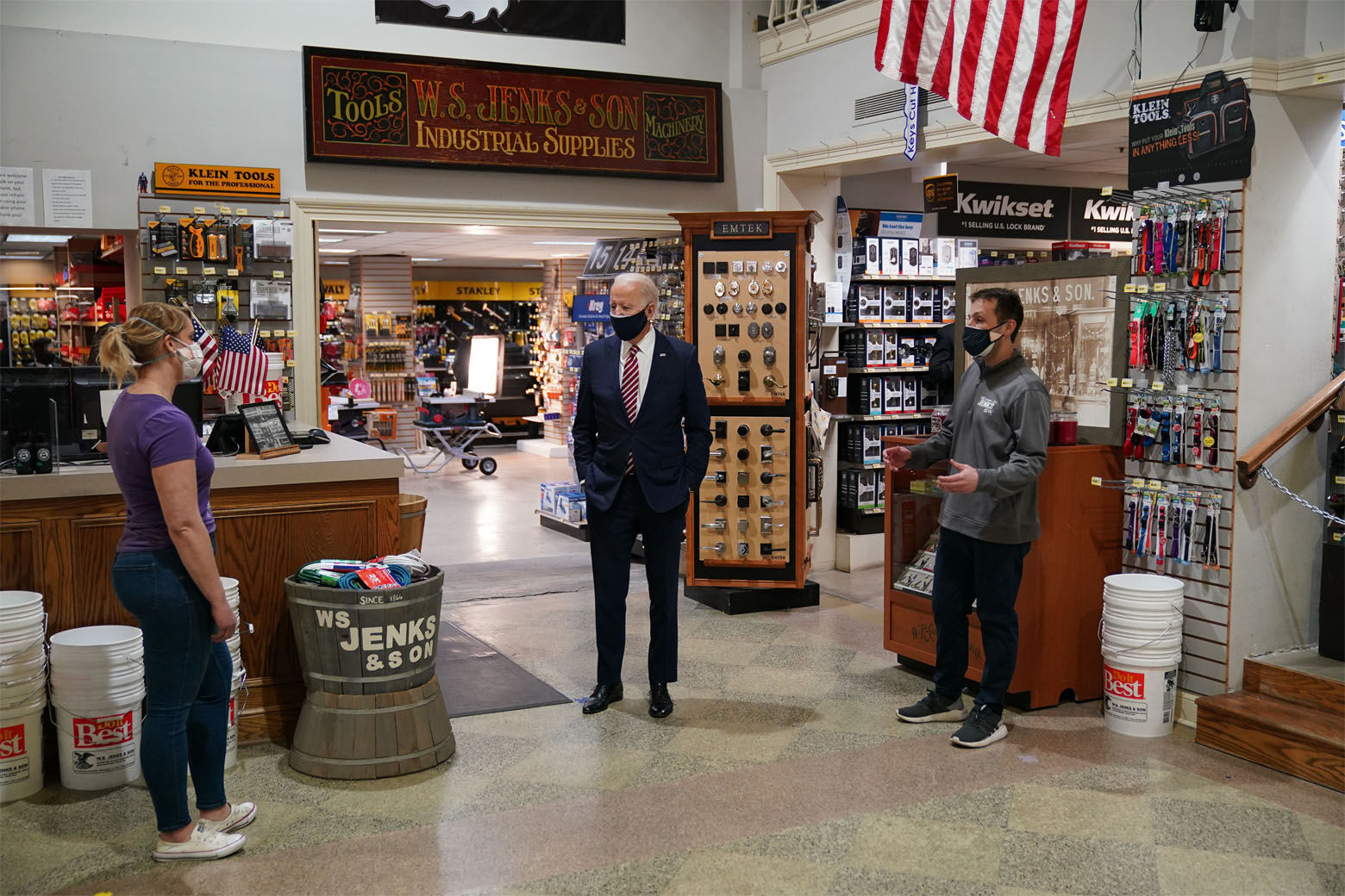 <p>US President Joe Biden (C) visits W.S. Jenks &amp; Son, a hardware store that has benefited from a Paycheck Protection Program (PPP) loan, in Washington, DC, on March 9, 2021. — Biden met with Michael Siegel (R), co-owner of W.S. Jenks &amp; Son, and Mary Anna Ackley (L), owner of Little Wild Things Farm, a business next door to Jenks &amp; Son which also benefited from the PPP.</p>
