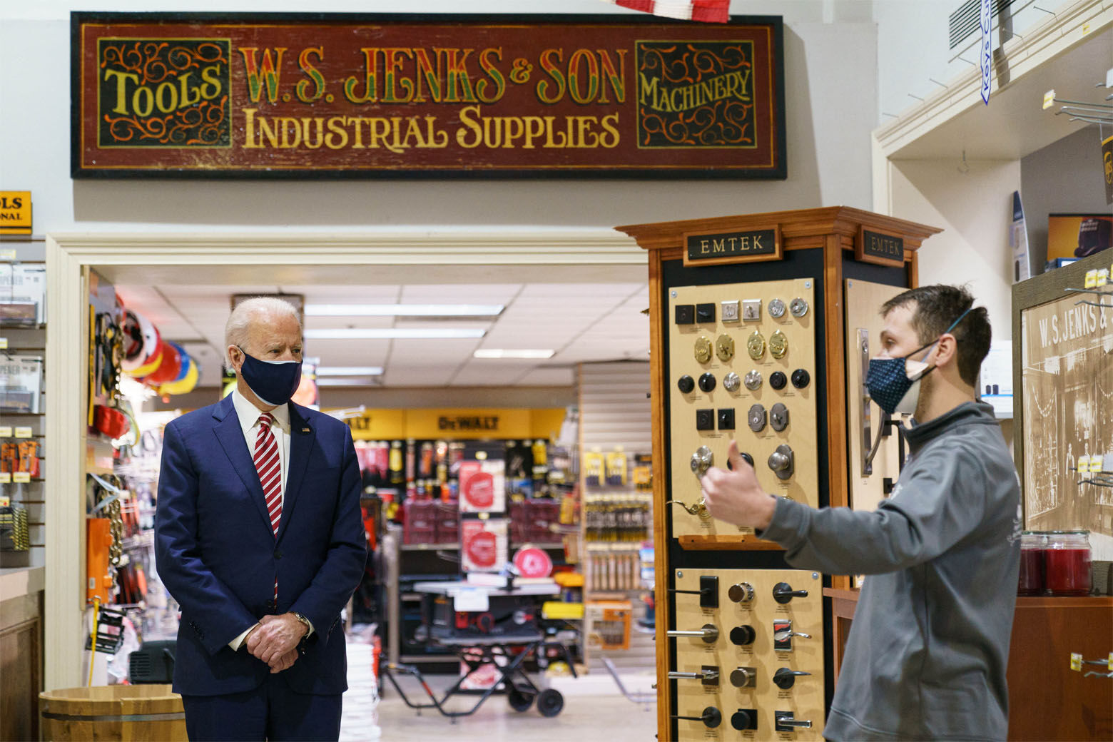 <p>US President Joe Biden (L) speaks with Michael Siegel (R), co-owner of W.S. Jenks &amp; Son, a hardware store that has benefited from a Paycheck Protection Program (PPP) loan, in Washington, DC, on March 9, 2021.</p>
