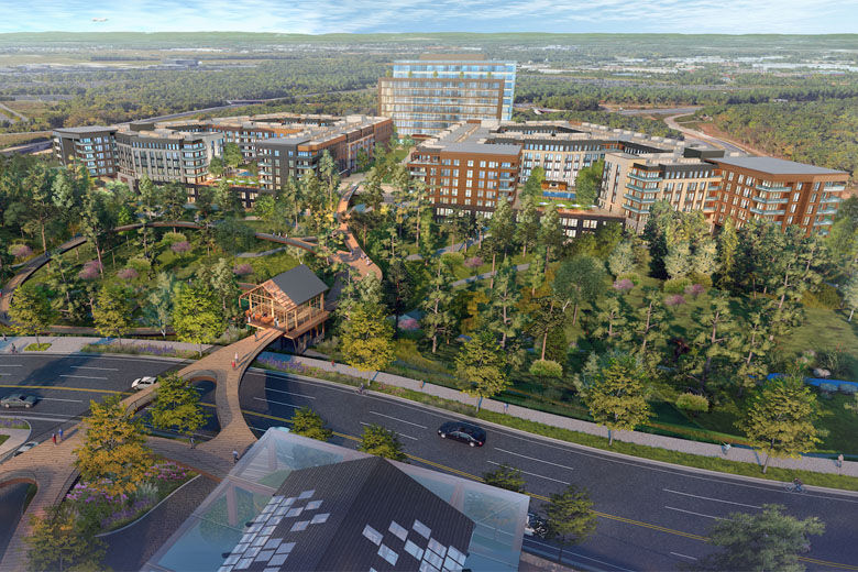 Renderings of the planned"Rivana at Innovation Station" project.The project includes office space, apartments, a hotel, an 11-acre park, and restaurants and retail arranged in a "retail village." (Courtesy Rivana at Innovation Station)