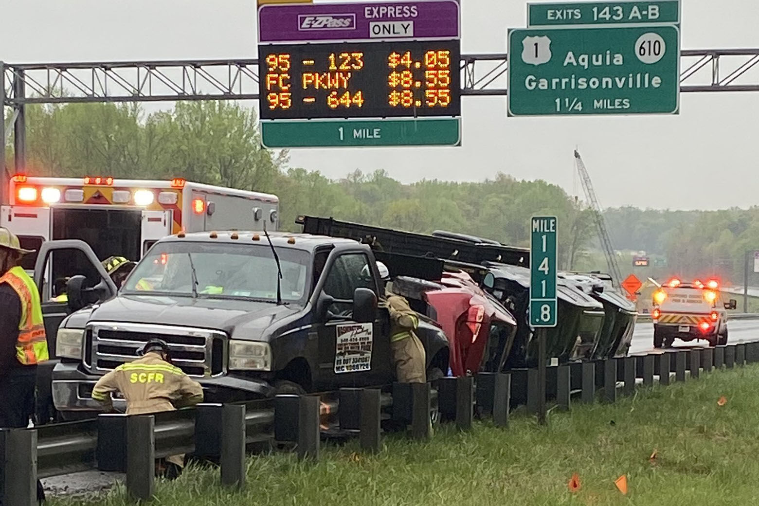A crash late Monday morning between two trucks, including a car carrier and a trash hauler, jammed traffic on Interstate 95 around Fredericksburg in Stafford County, Virginia, leading to an 11-mile backup. (Courtesy Stafford County Sheriff's Office)