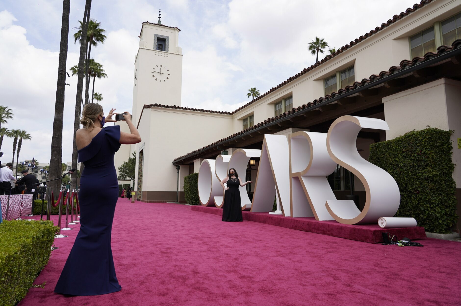 A view of the red carpet appears before the start of the Oscars on Sunday, April 25, 2021, at Union Station in Los Angeles. (AP Photo/Chris Pizzello, Pool)