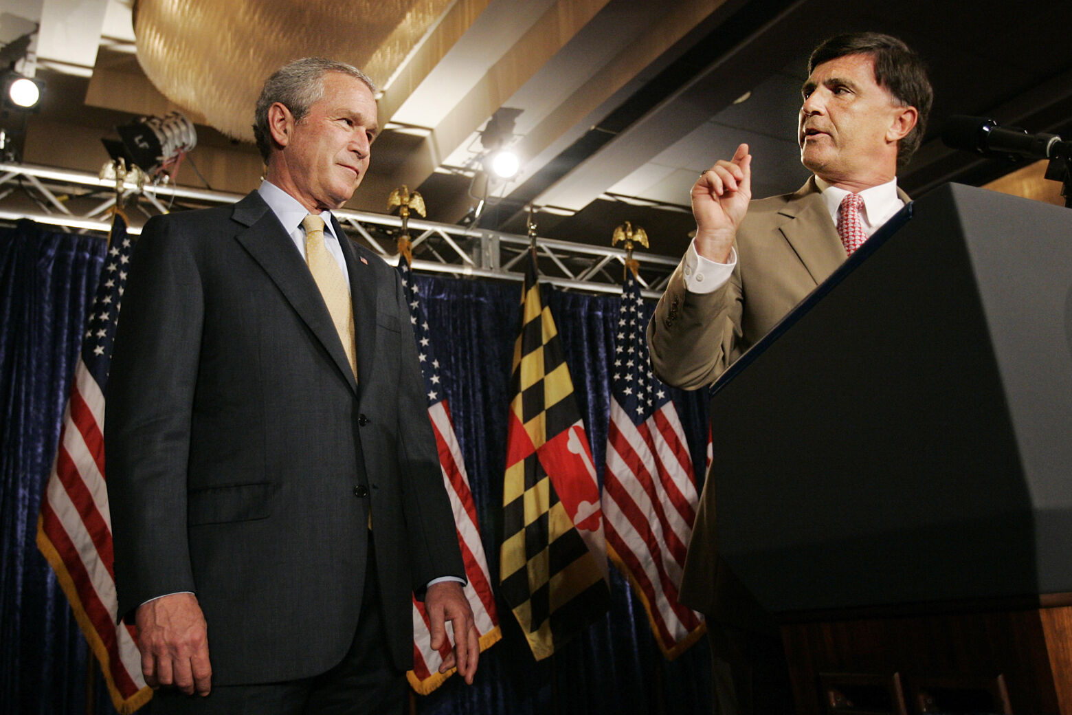 <p>In 2004, Maryland Gov. Robert L. Ehrlich Jr., right, was governor and George W. Bush was president. In this 2006 photo, Ehrlich introduces Bush at the Maryland Victory 2006 Reception, Wednesday, May 31, 2006, in Baltimore. (AP Photo/Manuel Balce Ceneta)</p>
