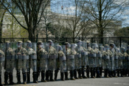 WASHINGTON, DC - APRIL 2: National Guard troops stand guard along Constitution Avenue as law enforcement responds to a security incident near the U.S. Capitol on April 2, 2021 in Washington, DC. The U.S. Capitol was locked down after a person reportedly rammed a vehicle into two Capitol Hill police officers. A suspect was apprehended. (Photo by Drew Angerer/Getty Images)