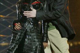 HOUSTON, TX - FEBRUARY 1:  Singers Janet Jackson and surprise guest Justin Timberlake perform during the halftime show at Super Bowl XXXVIII between the New England Patriots and the Carolina Panthers at Reliant Stadium on February 1, 2004 in Houston, Texas.  At the end of the performance, Timberlake tore away a piece of Jackson's outfit.  (Photo by Frank Micelotta/Getty Images)
