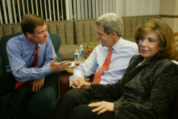 <p>FAIRFAX, VA &#8211; FEBRUARY 10: U.S. Senator John Kerry (D-MA) (C) watches election results on television with his wife, Teresa Heinz Kerry (R), and Virginia Gov. Mark Warner (L) February 10, 2004 in Fairfax, Virginia. Kerry, Democratic presidential candidate, has won the Virginia primary and is leading in Tennessee. (Photo by Chris Hondros/Getty Images)</p>
