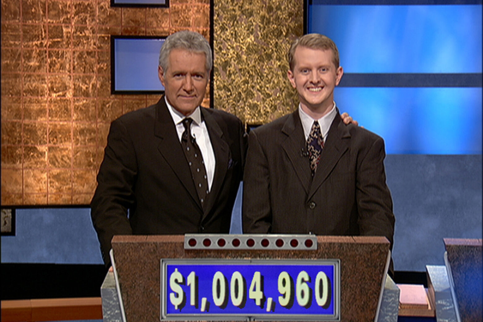 <p>CULVER CITY, CA &#8211; JULY 14: Jeopardy host Alex Trebek, (L) poses contestant Ken Jennings after his earnings from his record breaking streak on the gameshow surpassed 1 million dollars July 14, 2004 in Culver City, California. (Photo by Jeopardy Productions via Getty Images)</p>
